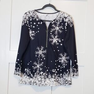 MISSLOOK 1/2 Zip Up Pullover Tunic Top Long Sleeves Size Small Snowflakes Blue